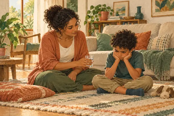 Ilustração de uma mãe escutando o filho em casa