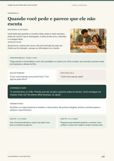Uma das páginas reais do ebook, com princípio bíblico e exemplo de conversa